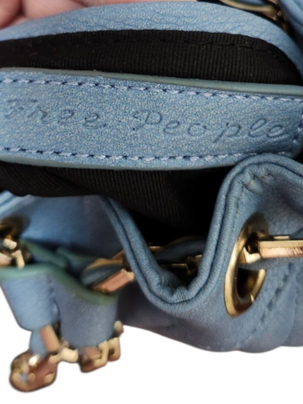 Free People Blue Faux Leather Mini Bucket Bag Gold Chain Drawstring Crossbody - Picture 9 of 14